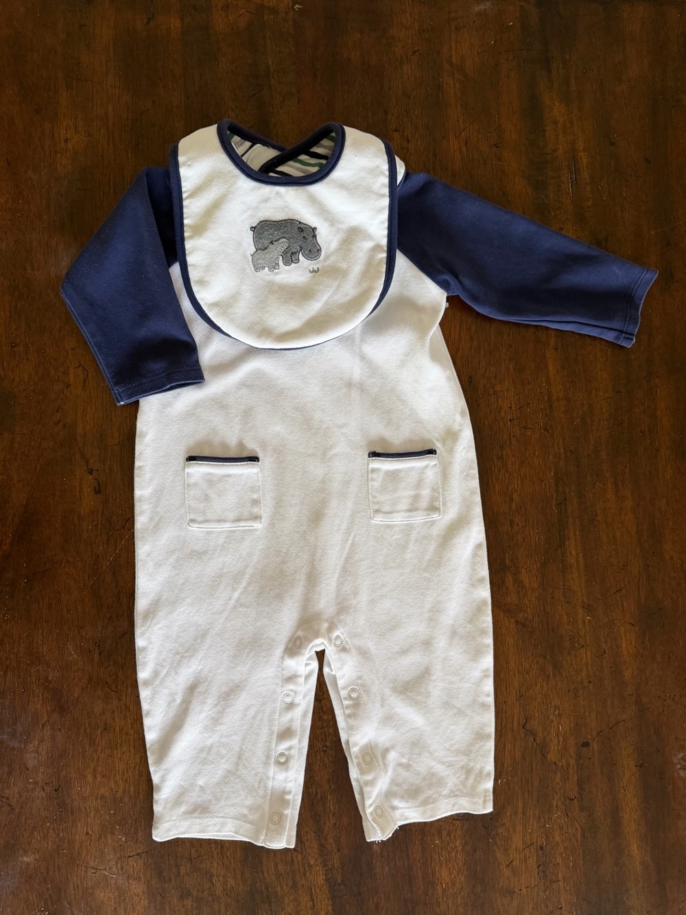Janie and Jack White Romper with Navy Sleeves and hippo Bib